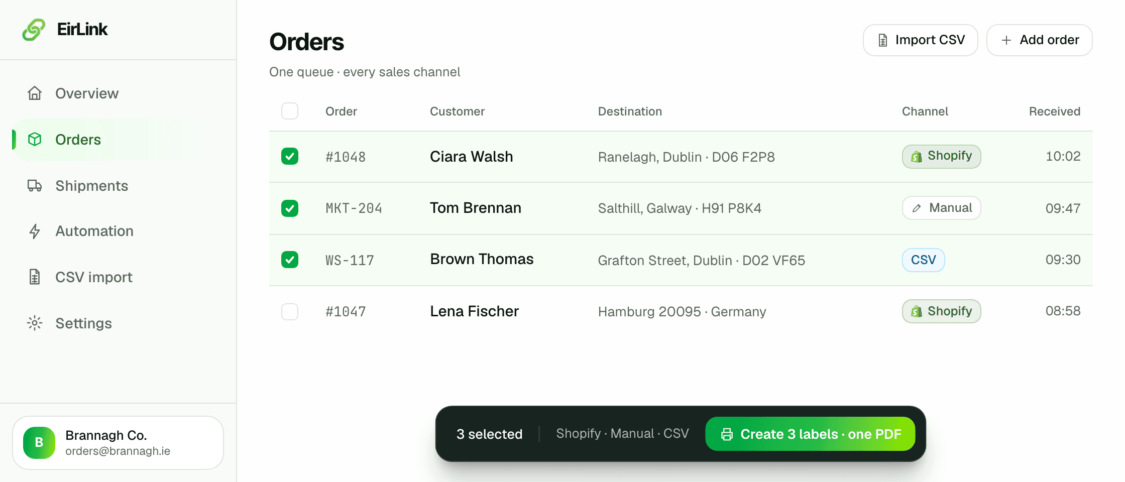 Three selected orders in EirLink's queue with one print-ready PDF of labels