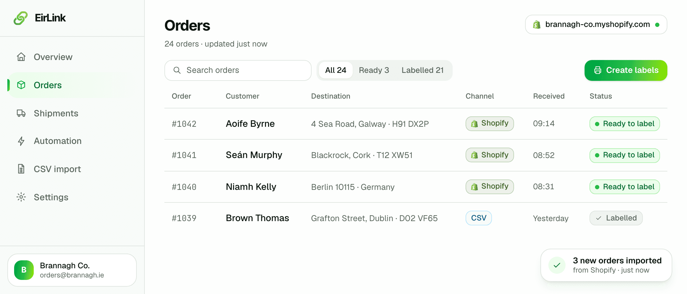 EirLink orders list with three Shopify orders imported and marked ready to label