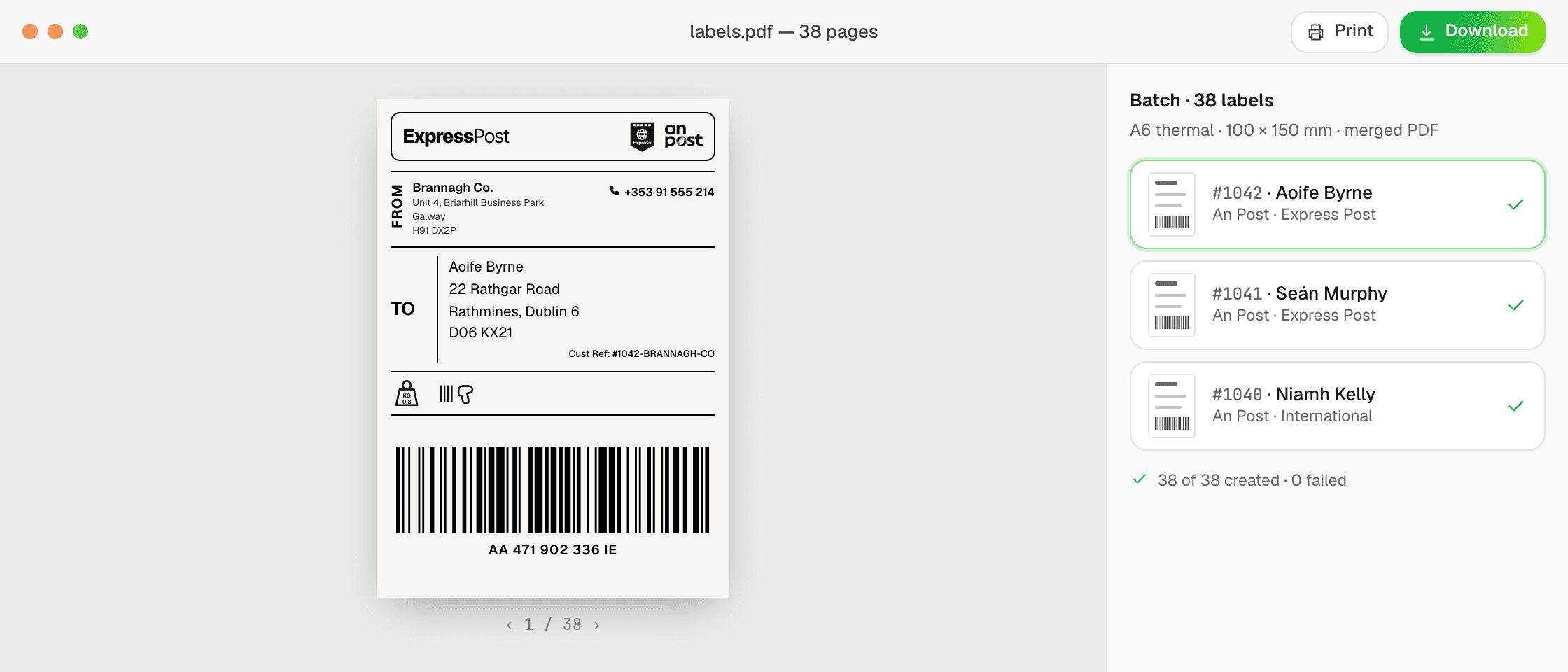 A print-ready An Post ExpressPost label in EirLink's merged labels PDF