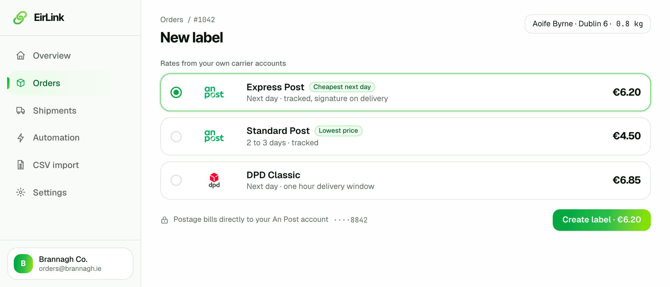 EirLink comparing An Post and DPD rates for an order, with Express Post selected