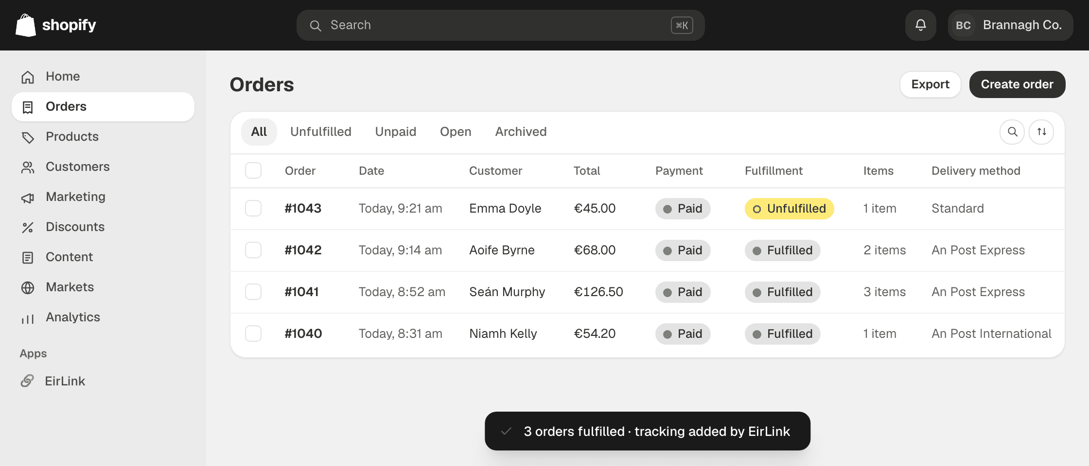 Shopify orders marked fulfilled with tracking numbers pushed back by EirLink