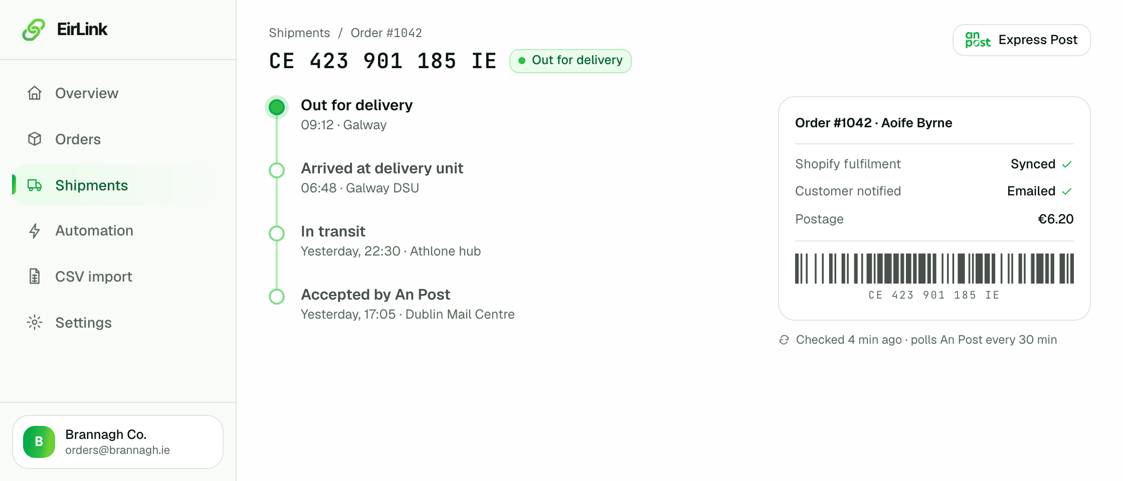 An EirLink shipment timeline with live An Post scan events for a tracked parcel