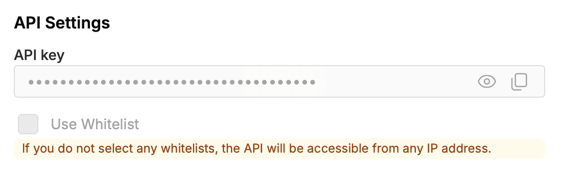 The API Settings section in eCommHub with the Use Whitelist box unticked and a note saying the API will be accessible from any IP address.