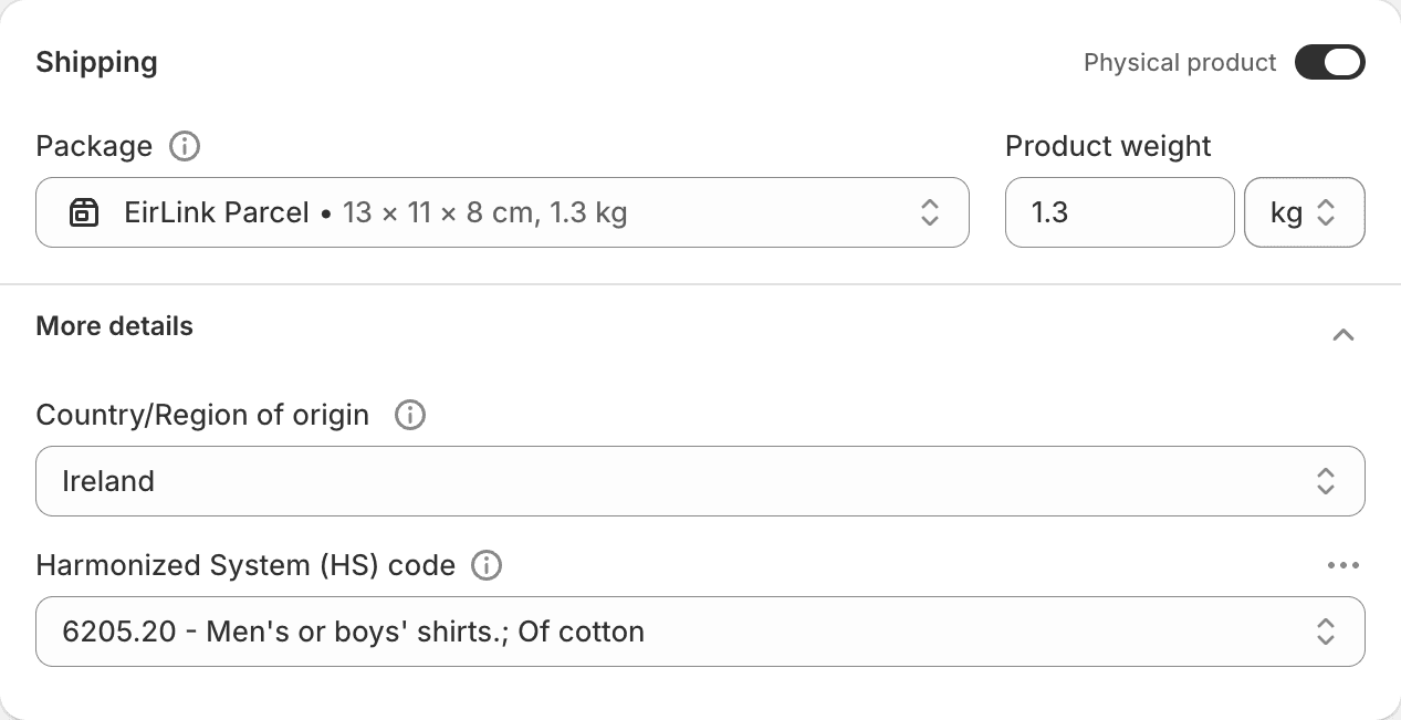The Shipping section of a Shopify variant, showing Product weight set to 1.3 kg, Country of origin set to Ireland, and an HS code of 6205.20.
